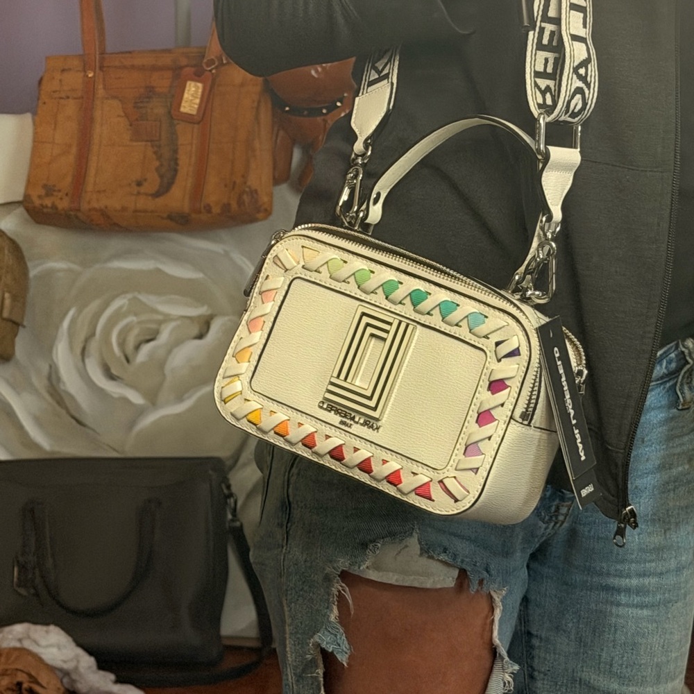 Karl Lagerfeld White Crossbody Camera Bag with Multicolor Braided Trim - Picture 6 of 6